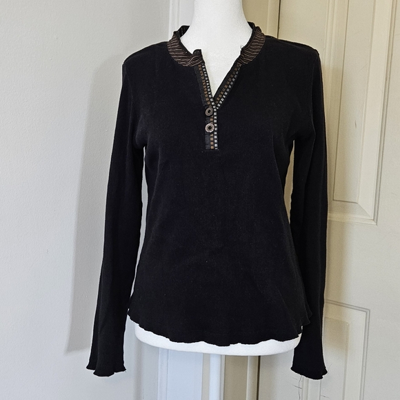 Christopher & Banks Black Ribbed Long Sleeve Henley Tee M - Picture 1 of 7